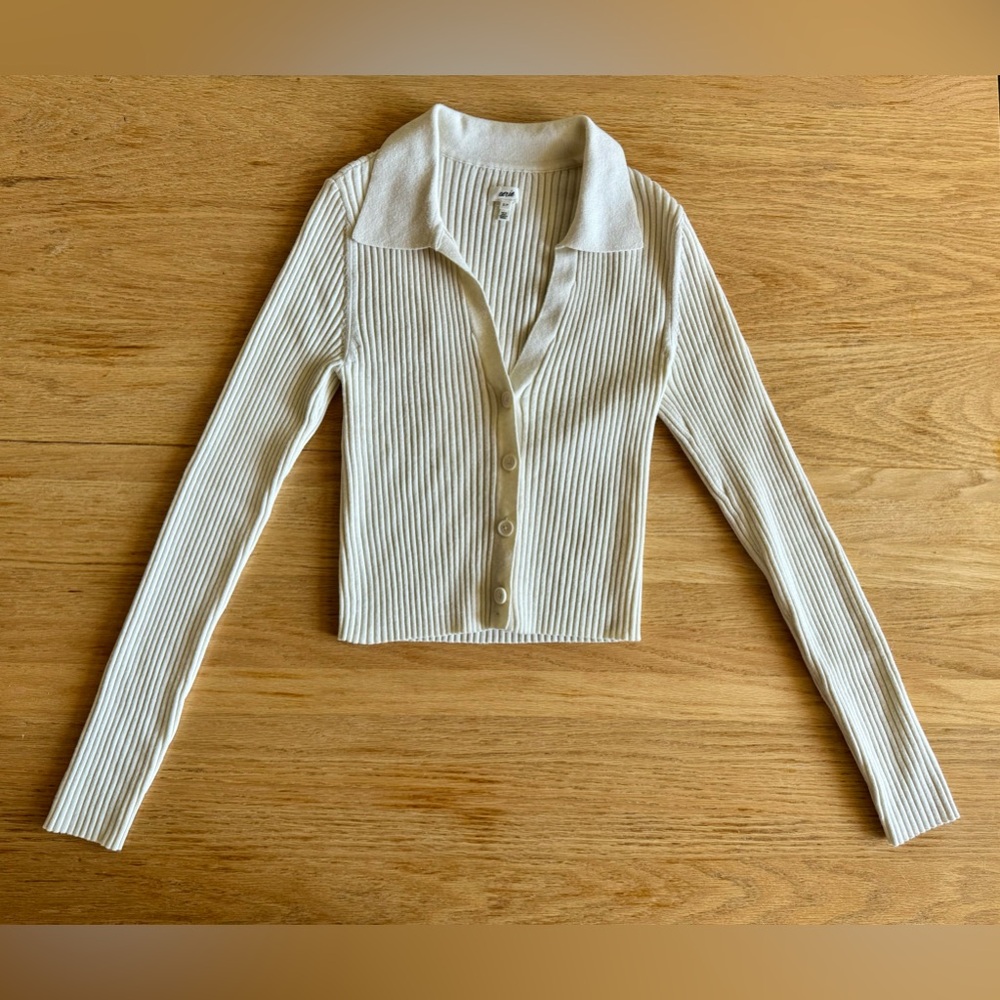 Aerie | Button Down Collar Ribbed Crop Sweater